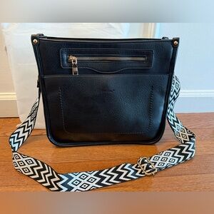 Black Crossbody Shoulder Bag with Patterned Strap